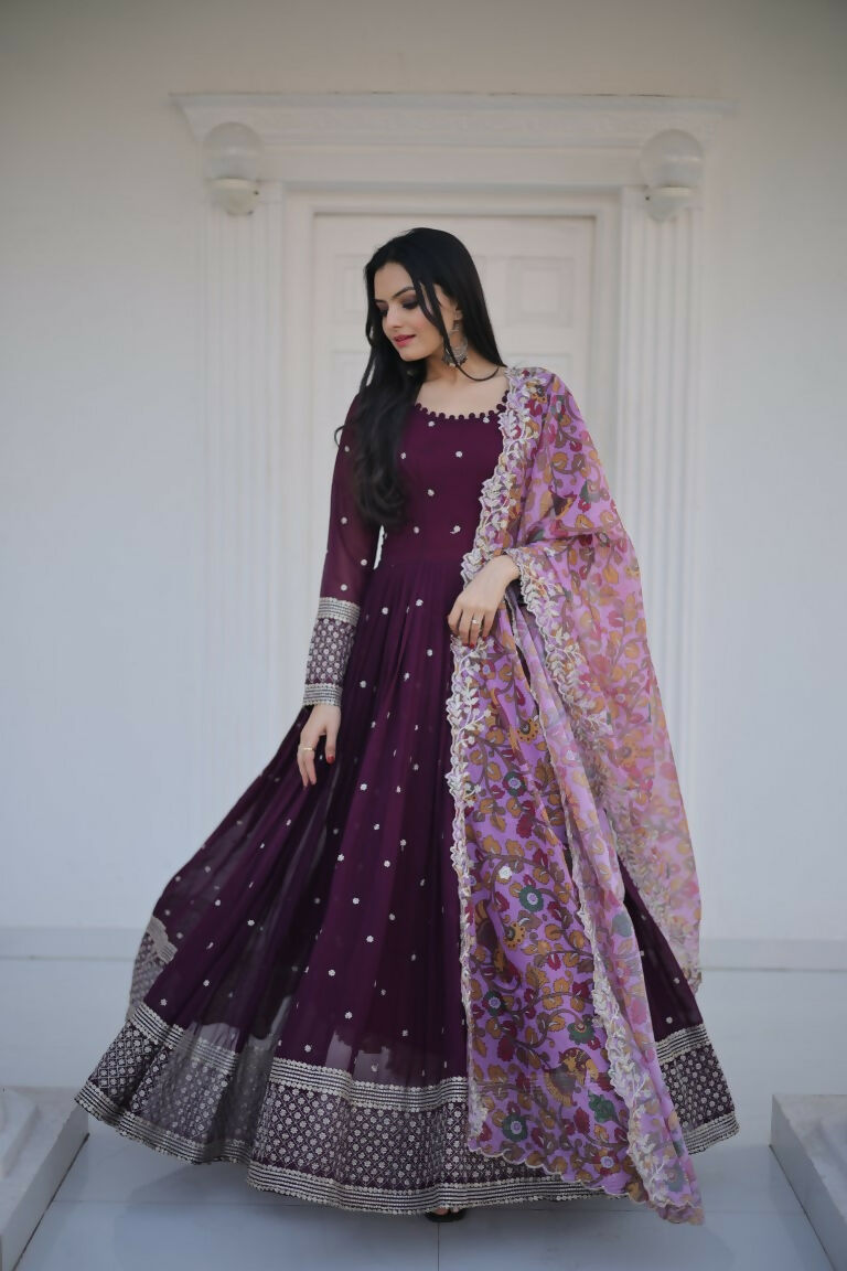 Jyoti Fashion Women's Wine Faux Blooming Sequence Zari Embroidered Anarkali Dress with Dupatta | Swadesiicart