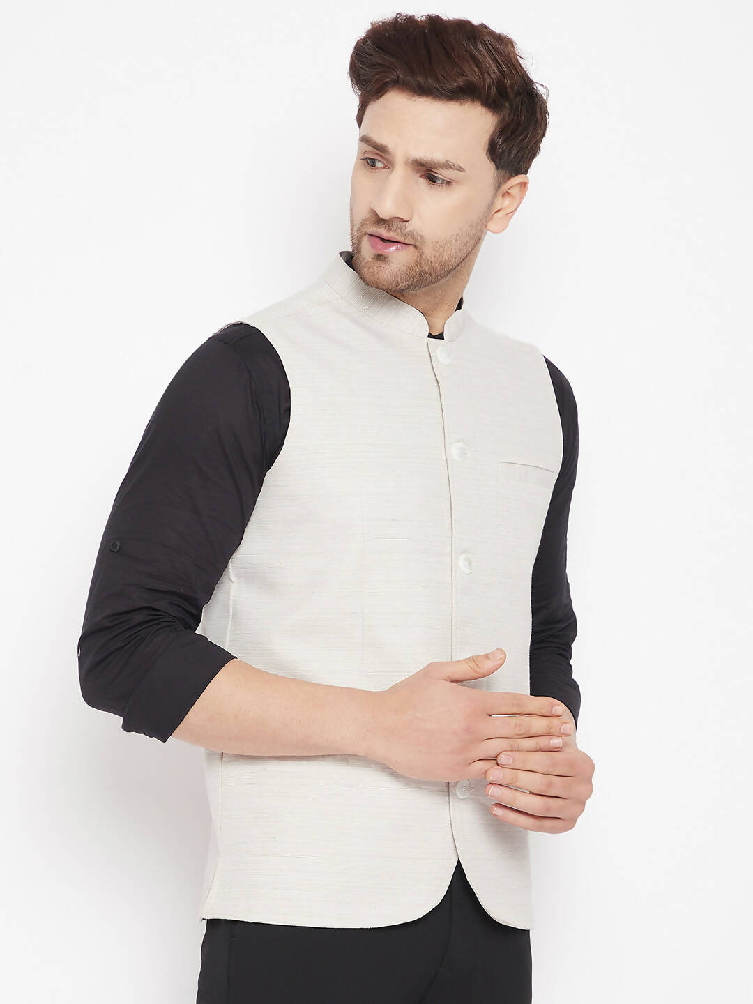 Even Apparels Cream Merino Men Woven Nehru Jacket BF504 | Swadesiicart