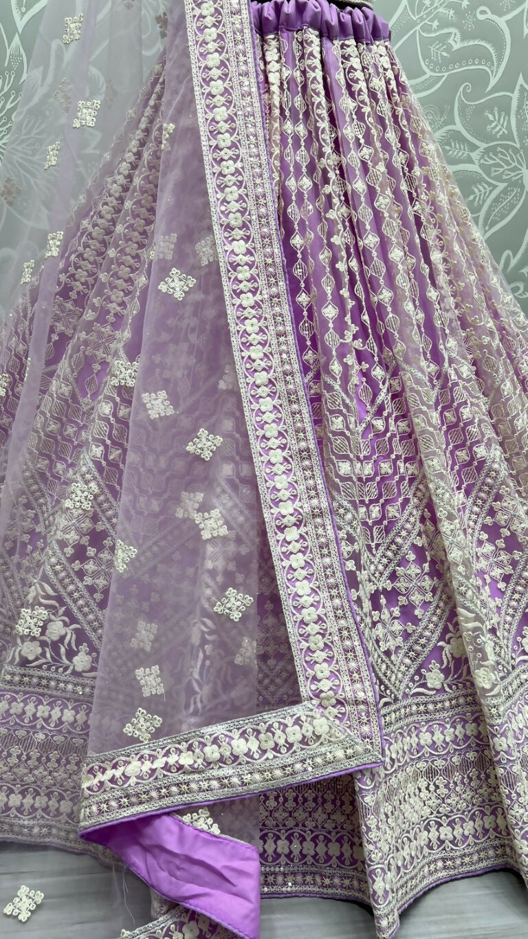 Jyoti Fashion Women's Mauve Net Patterned Thread Embroidered with Sequins Wedding Lehenga Choli | Swadesiicart
