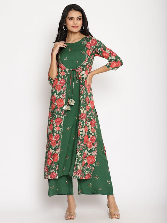 Ahalyaa Women's Green Rayon Printed Kurta Palazzo Set | Swadesiicart