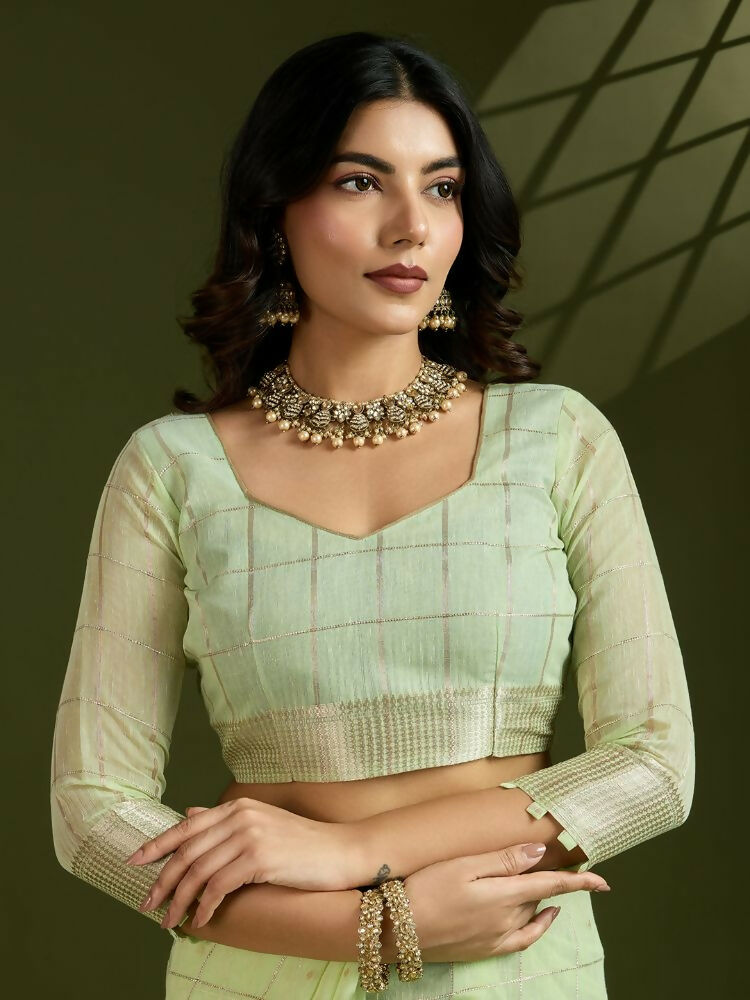 Vishnu Weaves Women's Pista Soft Silk Zari Woven Saree with Blouse - Swadesiicart