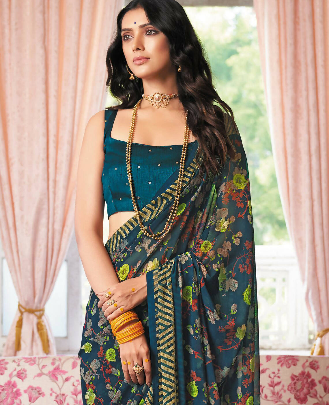 Blue Georgette Brasso Floral Printed Saree With Unstitched Blouse Piece - Zyanya