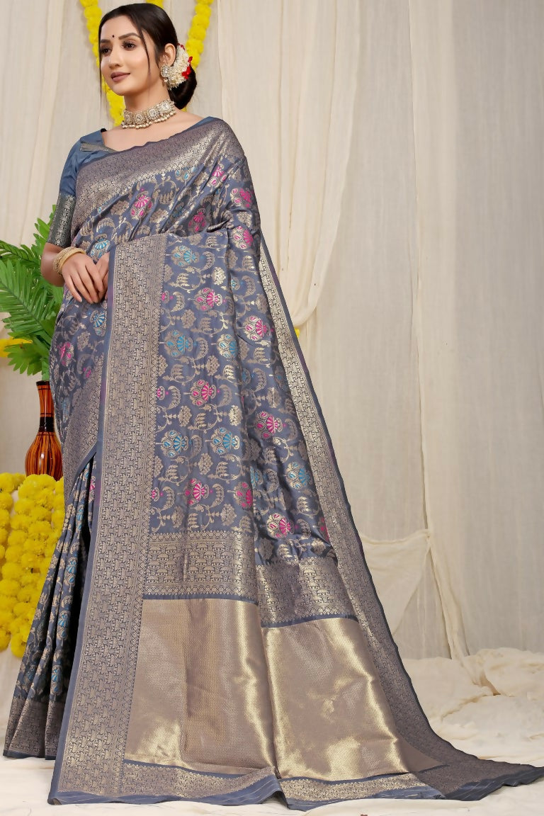 Jyoti Fashion Women's Grey Kanjivaram Silk Zari Woven Saree with Blouse | Swadesiicart