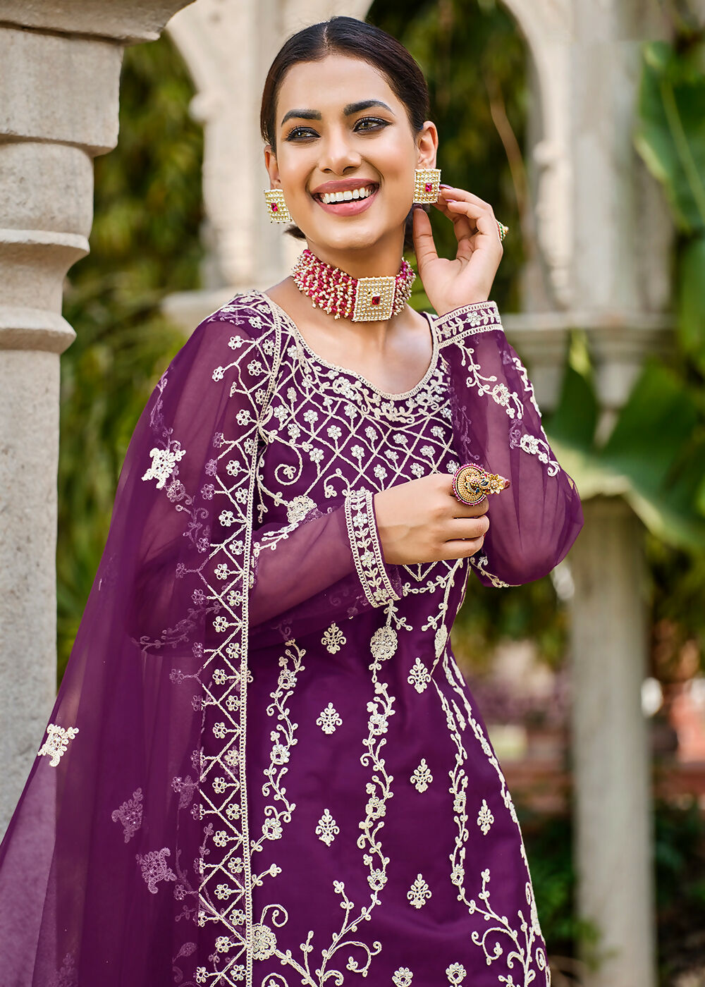 Violet Purple Stone & Cording Work Festive Palazzo Suit - Emponline | Swadesiicart