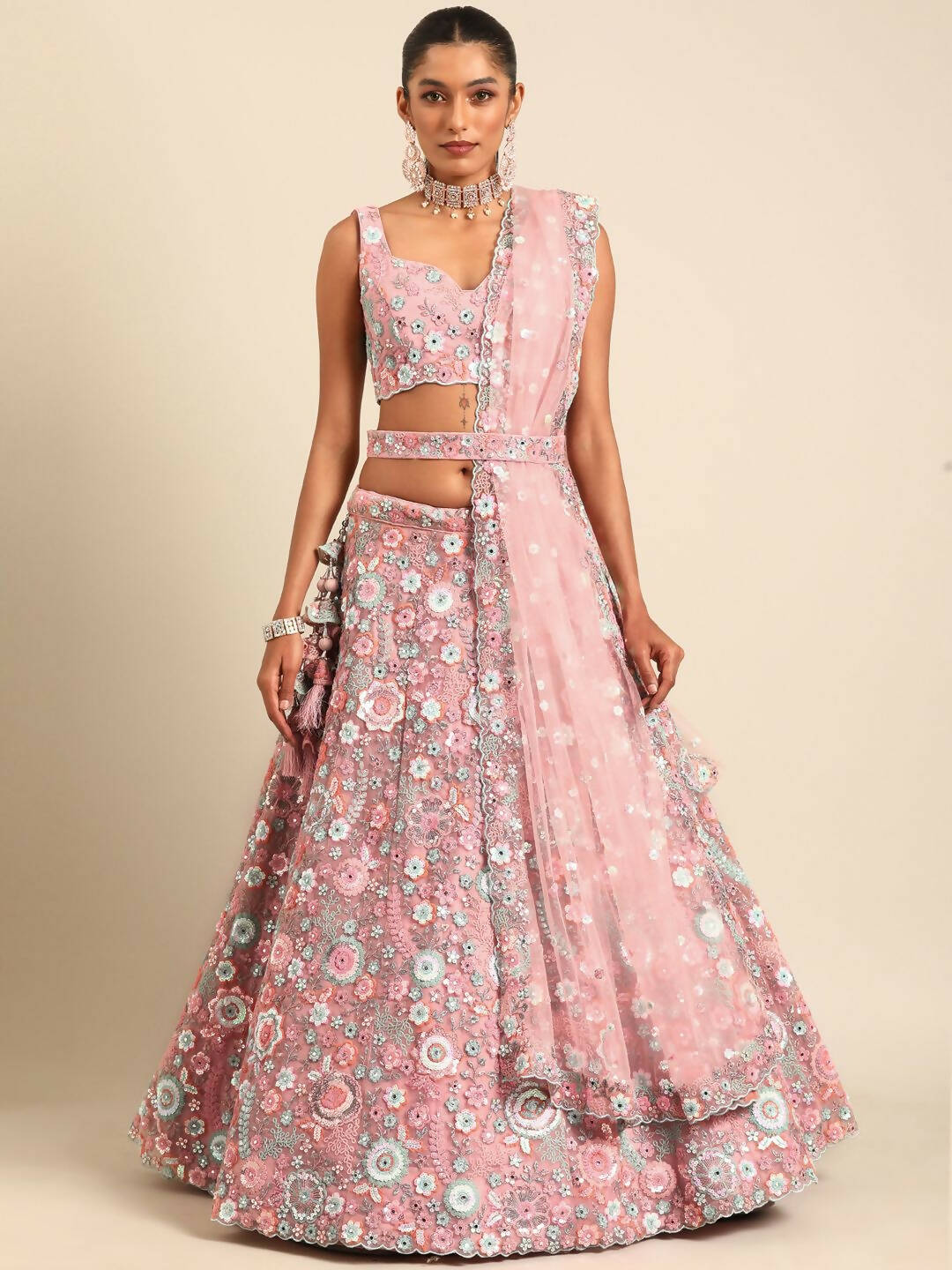 House of Panchhi Pink Net Sequins, Mirror and thread embroidery Lehenga choli & Dupatta | Swadesiicart