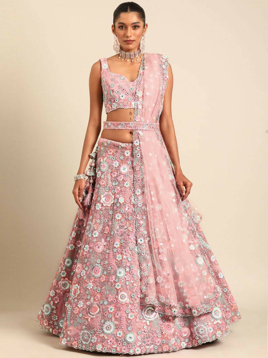 House of Panchhi Pink Net Sequins, Mirror and thread embroidery Lehenga choli & Dupatta | Swadesiicart