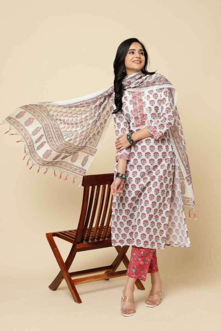Designer Stylish Red Cotton Blend Stitched Suit With Dupatta - Tanisha | Swadesiicart