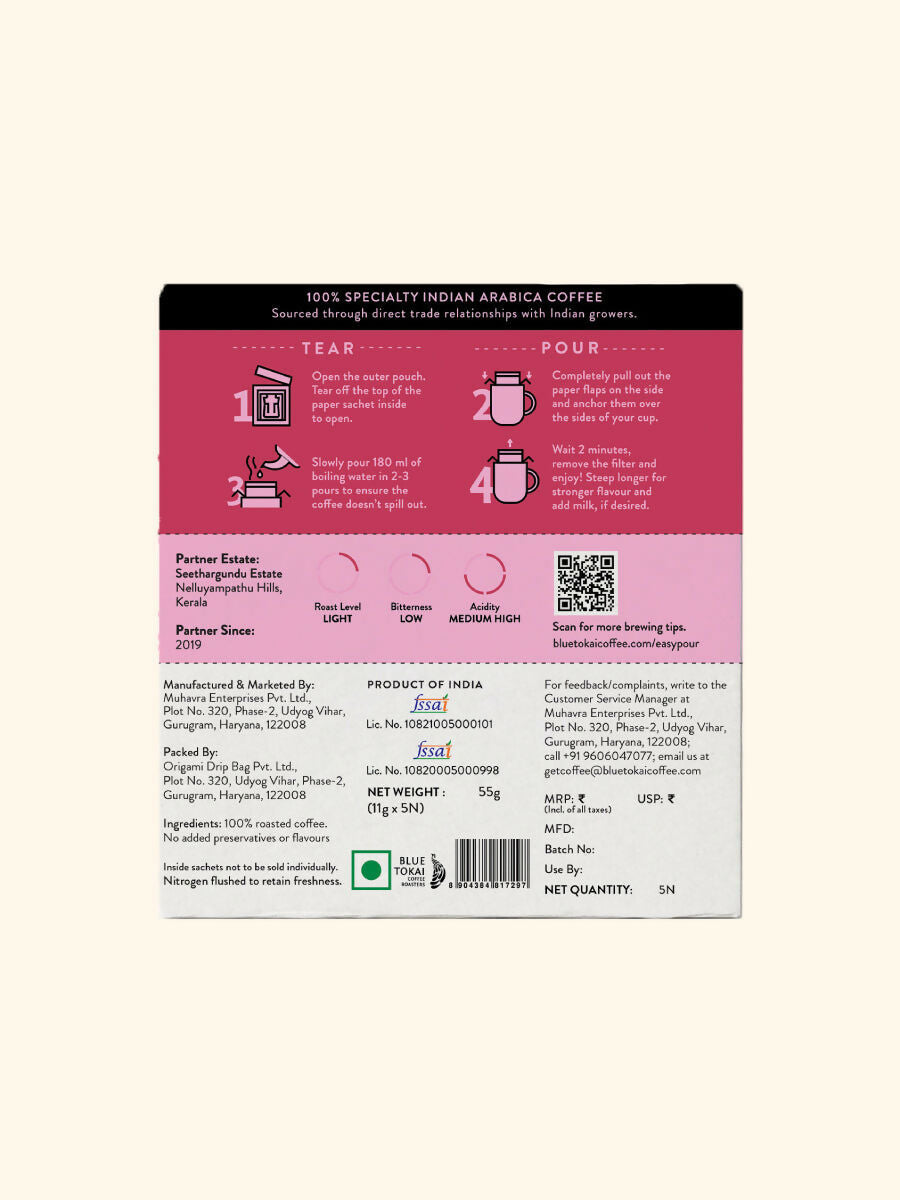 Blue Tokai Seethargundu Estate Light Roast Easy Pour Sachets - Swadesiicart