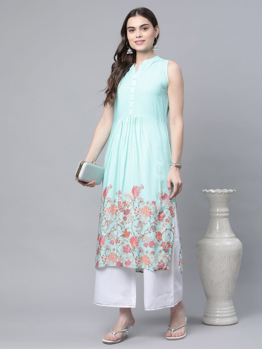 Ahalyaa Women's Sky Blue Rayon Printed Kurta Palazzo Set | Swadesiicart