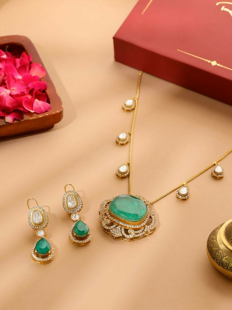 Natural Stones Antique Finish Earrings and Necklace set - Ruby Raang | Swadesiicart
