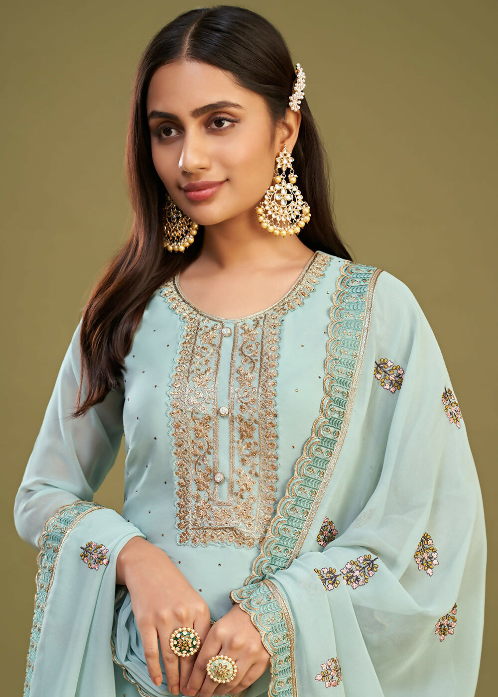 Ice Blue Swarovski Work & Embroidered Eid Wear Salwar Suit - Emponline | Swadesiicart
