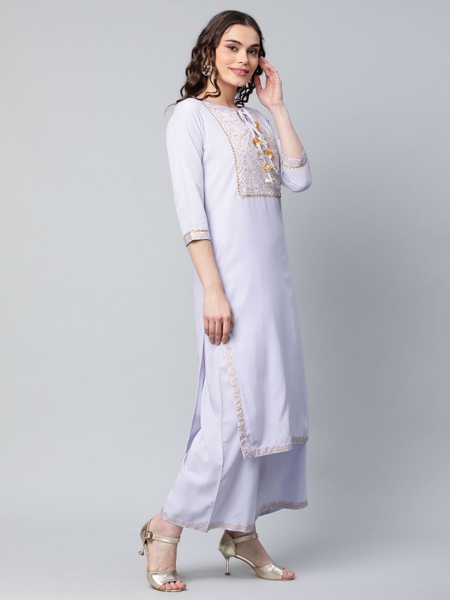 Ahalyaa Women's Powder Blue Crepe Gold Printed Kurta Palazzo Set | Swadesiicart