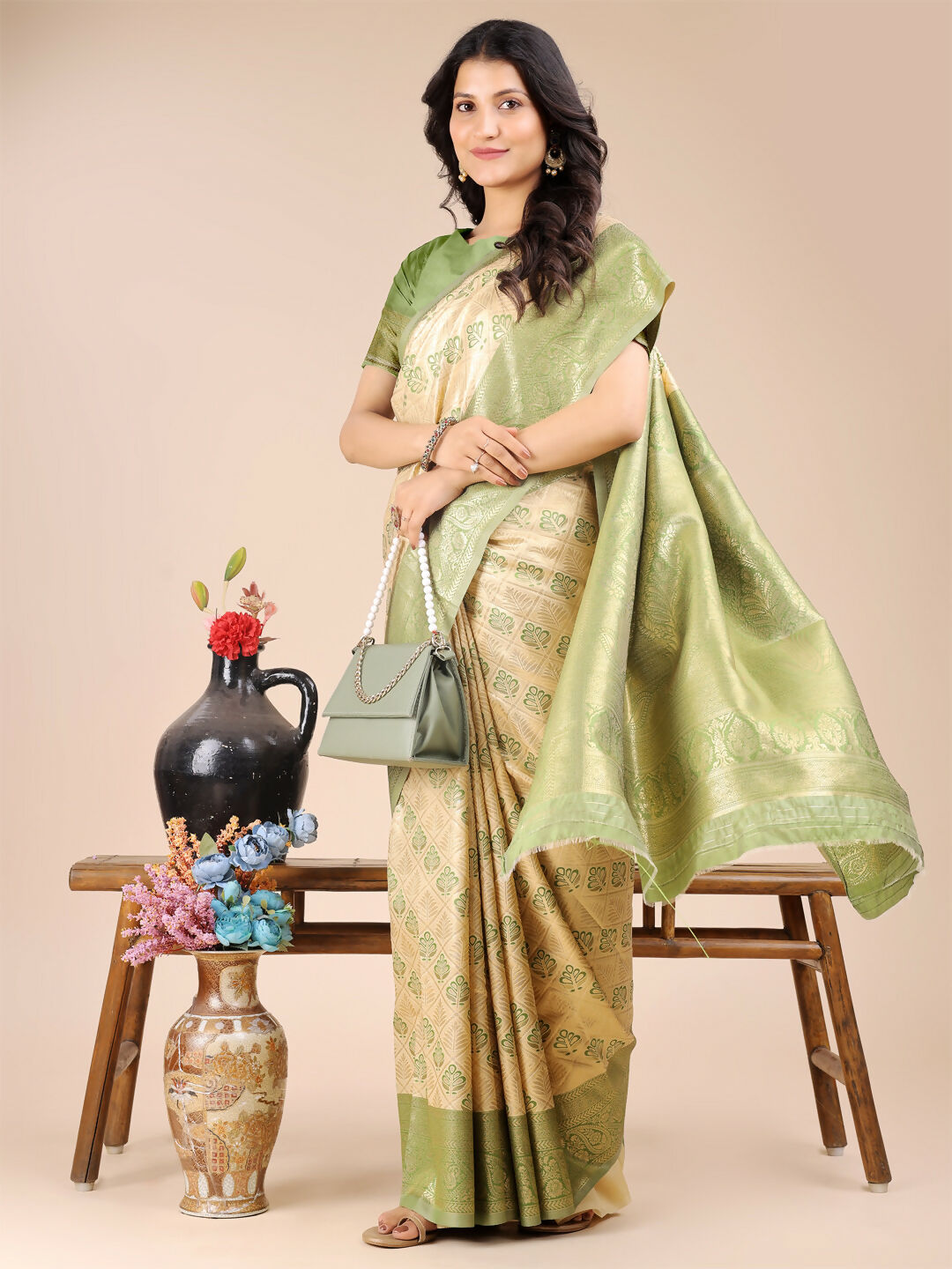 Astita Aura Silk Cream Light Green Banarasi Silk Saree | Swadesiicart