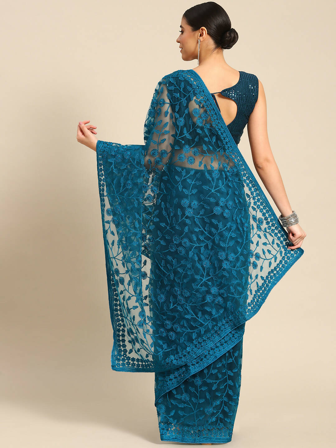 Blue Woven Design Net Saree with Blouse Piece - Kalamkari