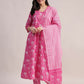 Aavyora Women's Pink Floral Print Cotton A-Line Kurta with Striped Trouser & Dupatta