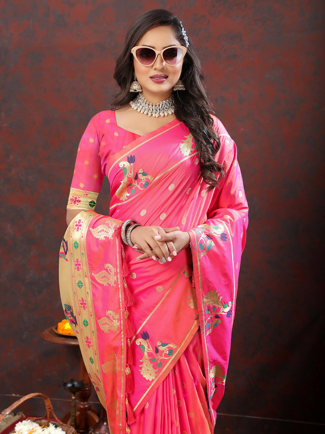 Lorenvalley Fashion Pink Soft Paithani Silk Woven Design Gold Zari Meenakari Weaving Saree - Swadesiicart