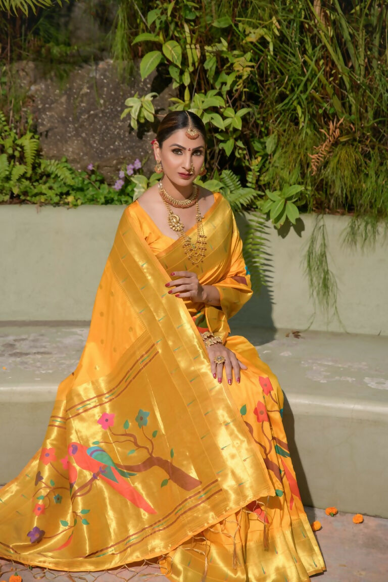 Jyoti Fashion Women's Yellow Paithani Silk Zari Woven Saree with Blouse | Swadesiicart