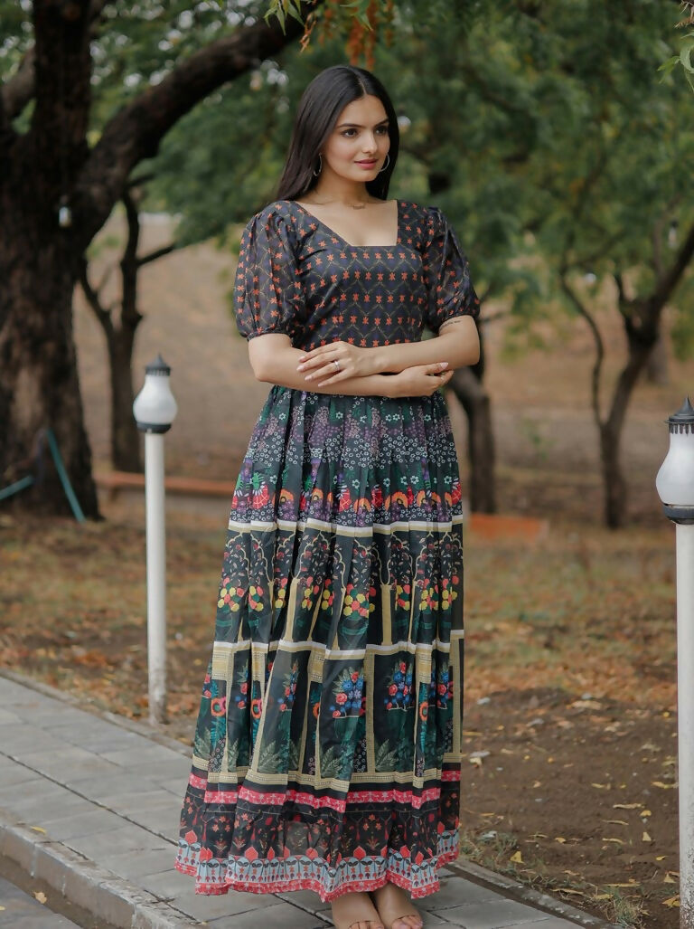 Jyoti Fashion Women's Black Heavy Digital Printed Pure Chanderi Anarkali Dress | Swadesiicart