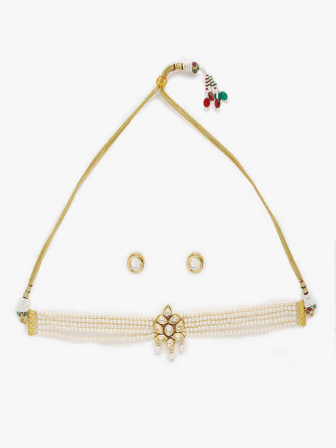 Gold-Polished White Pearl Kundan Choker With Studs - Ruby Raang | Swadesiicart