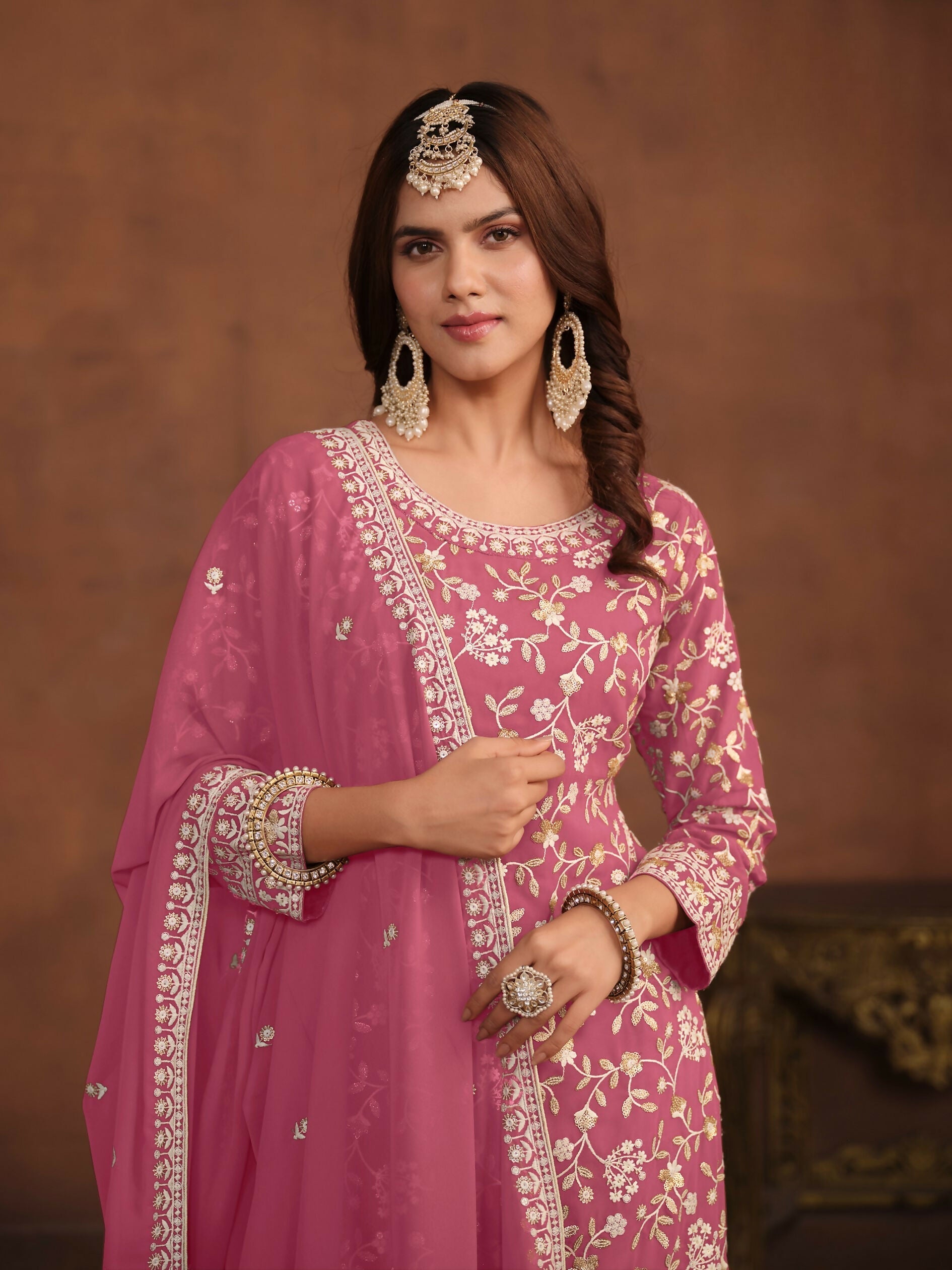 Anaita Pink Embroidered Faux Georgette Salwar Suit