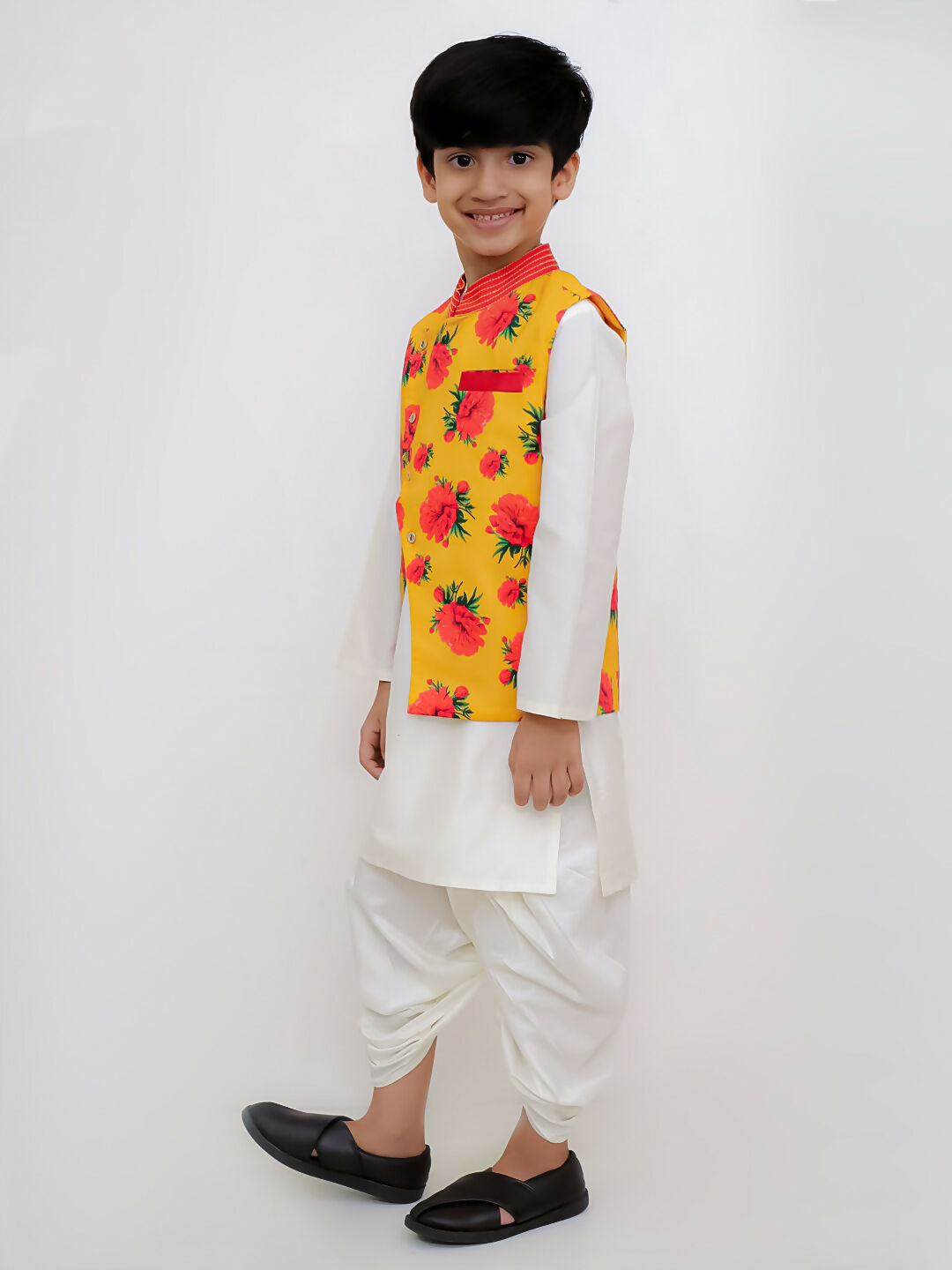Lil Drama Genda Phool White Kurta and Dhoti with Mustard Jacket Set for Boys | Swadesiicart