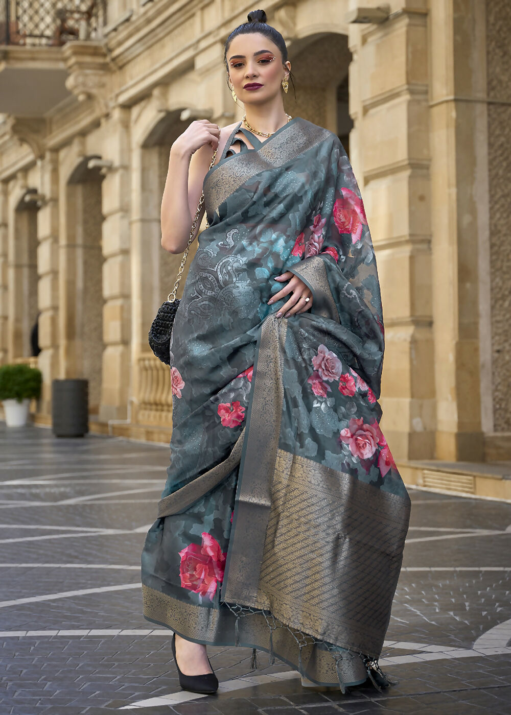 Lovely Navy Blue Polly Brasso Designer Saree - Emponline | Swadesiicart