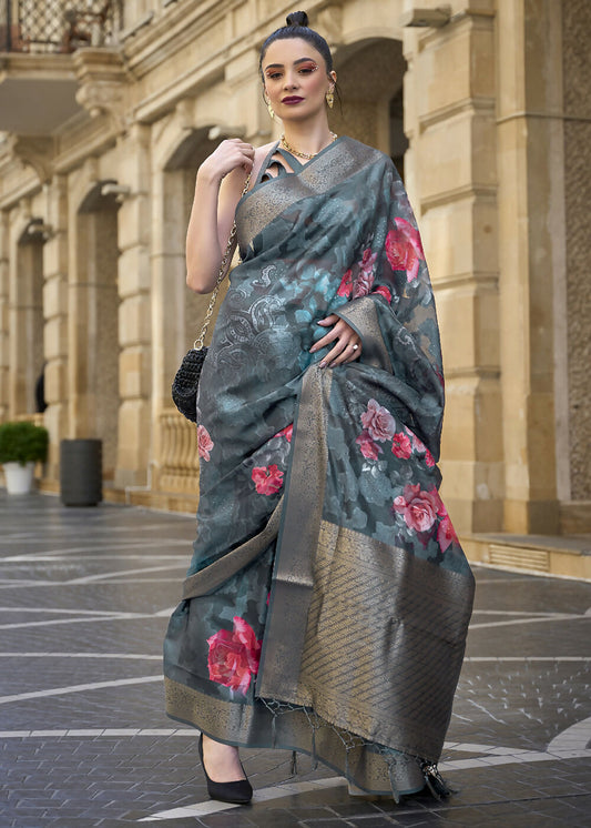 Lovely Navy Blue Polly Brasso Designer Saree - Emponline | Swadesiicart