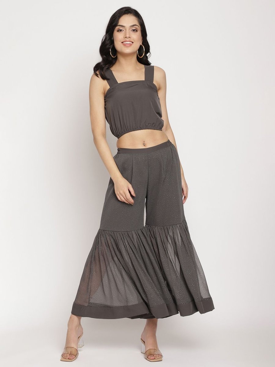 Ahalyaa Women Charcoal Grey Poly Chiffon Angrakha Kurta with Inner & Sharara | Swadesiicart