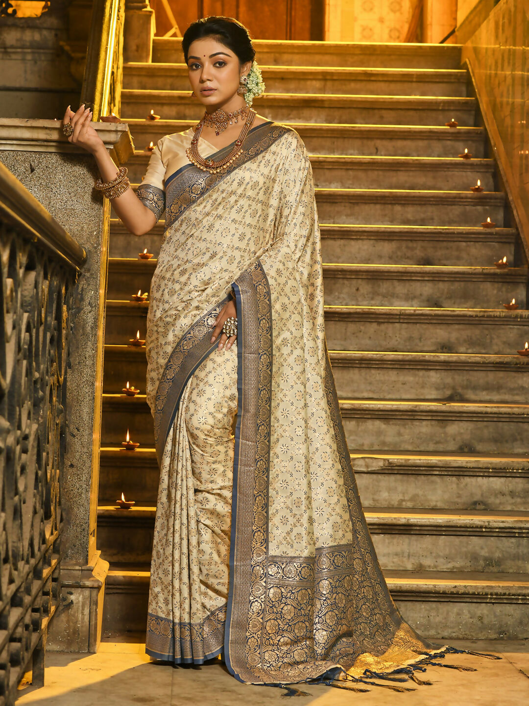 Astita Rajvastra Navy Blue Banarasi Silk Saree | Swadesiicart