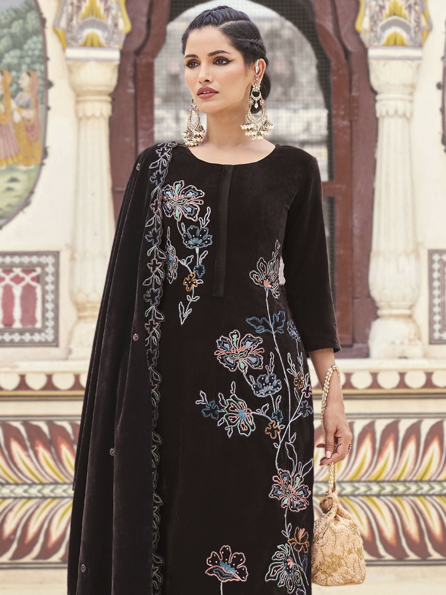 Jyoti Fashion Women's Brown Velvet Resham Thread with Jari & Sequin Kurta with Trouser & Dupatta | Swadesiicart