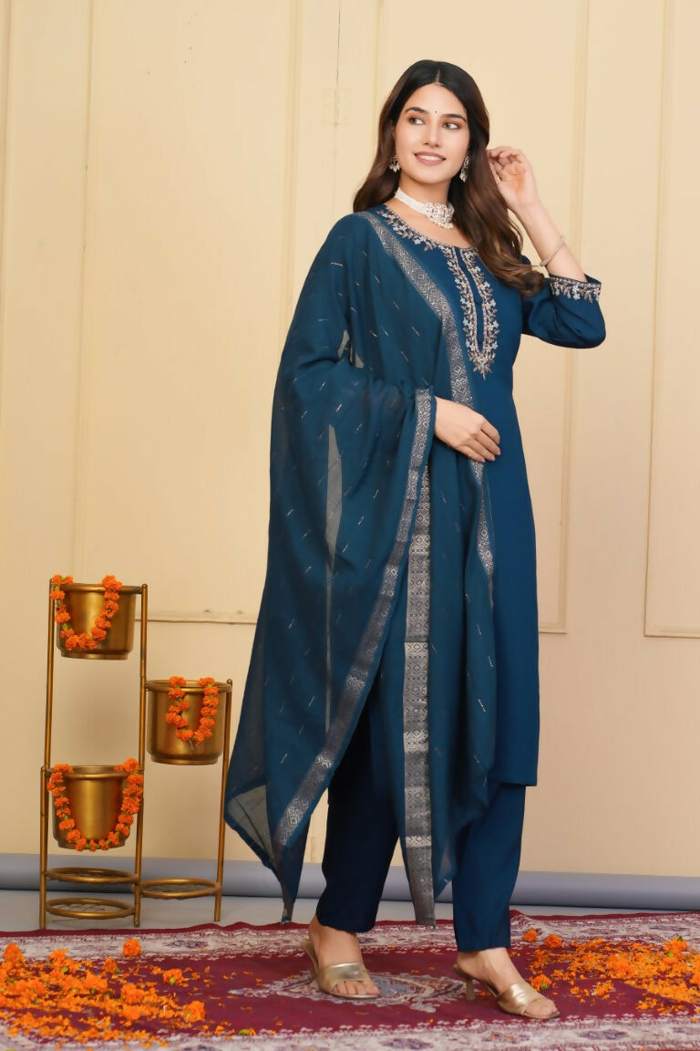 Blue Viscose Chanderi Embroidered Stitched Suit With Dupatta - Tanisha | Swadesiicart