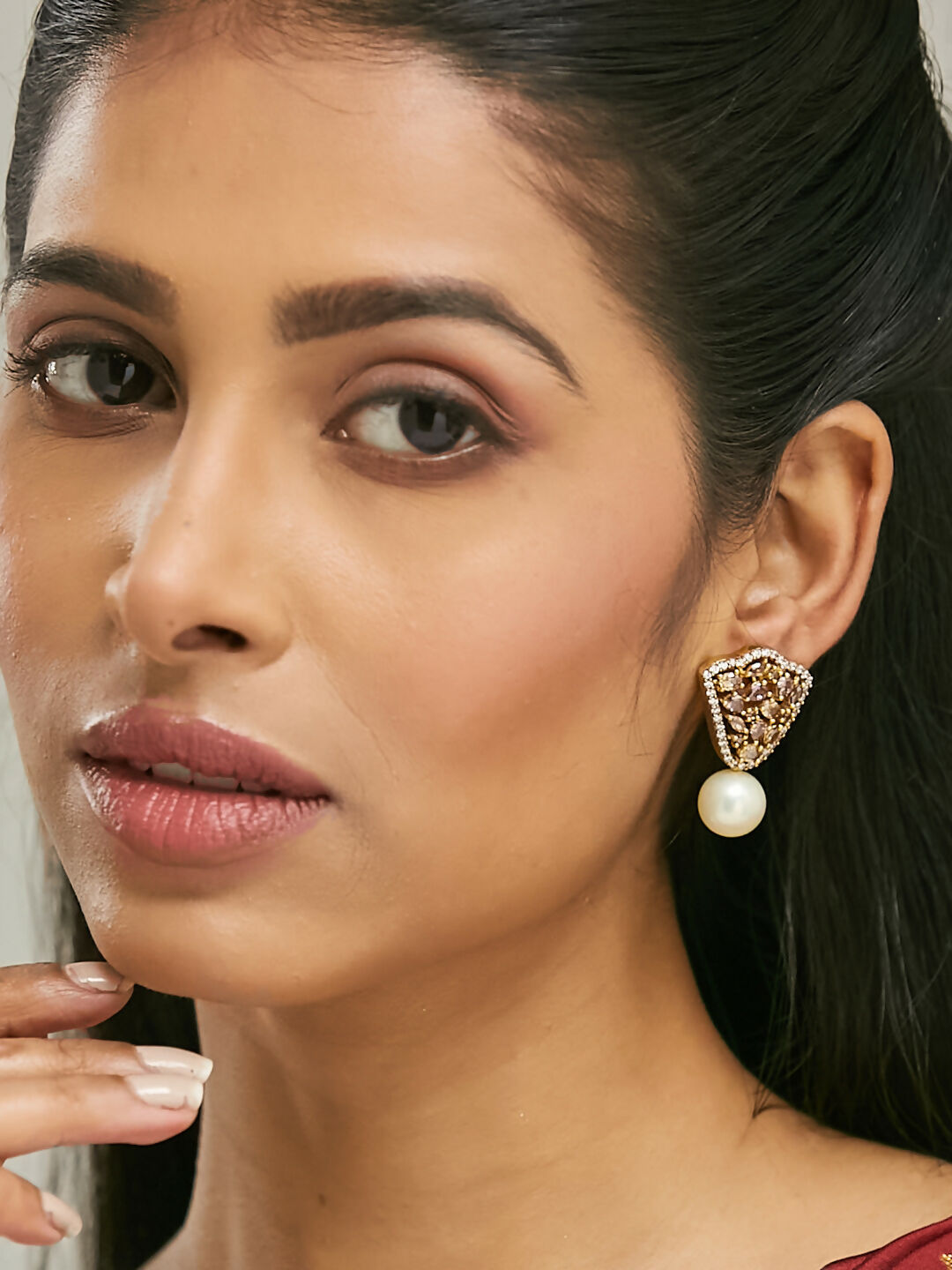 Nuyug 22K Gold-Plated Elegant Zircon Stone Studded & Pearls Drop Stud Earrings | Swadesiicart