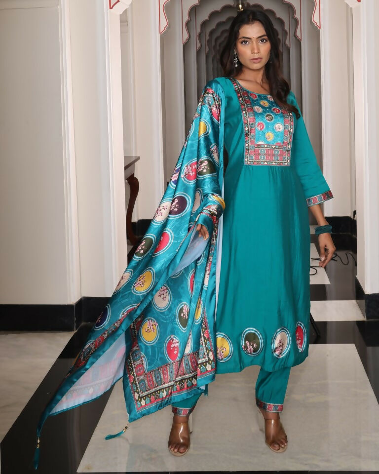Jyoti Fashion Women's Teal Viscos Simmer Hand Work with Floral Printed Kurta Set | Swadesiicart