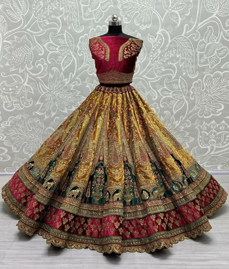 Jyoti Fashion Women's Mustard Velvet Multi Thread Embroidered, Patch Work with Zircon Diamond Wedding Lehenga Choli | Swadesiicart
