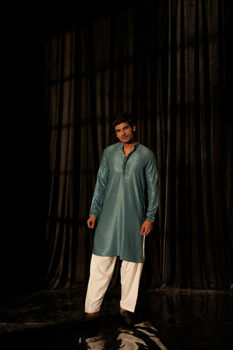Blue viscose Chikankari Embroidery Work Men's Traditional Kurta Set - Mahotsav | Swadesiicart