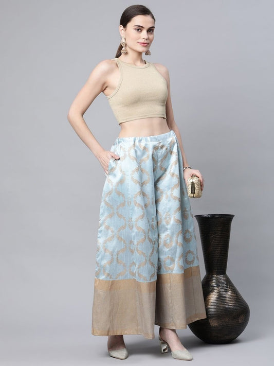 Ahalyaa Womens Sky Blue Poly Silk Gold Foil Print Free Size Palazzo | Swadesiicart