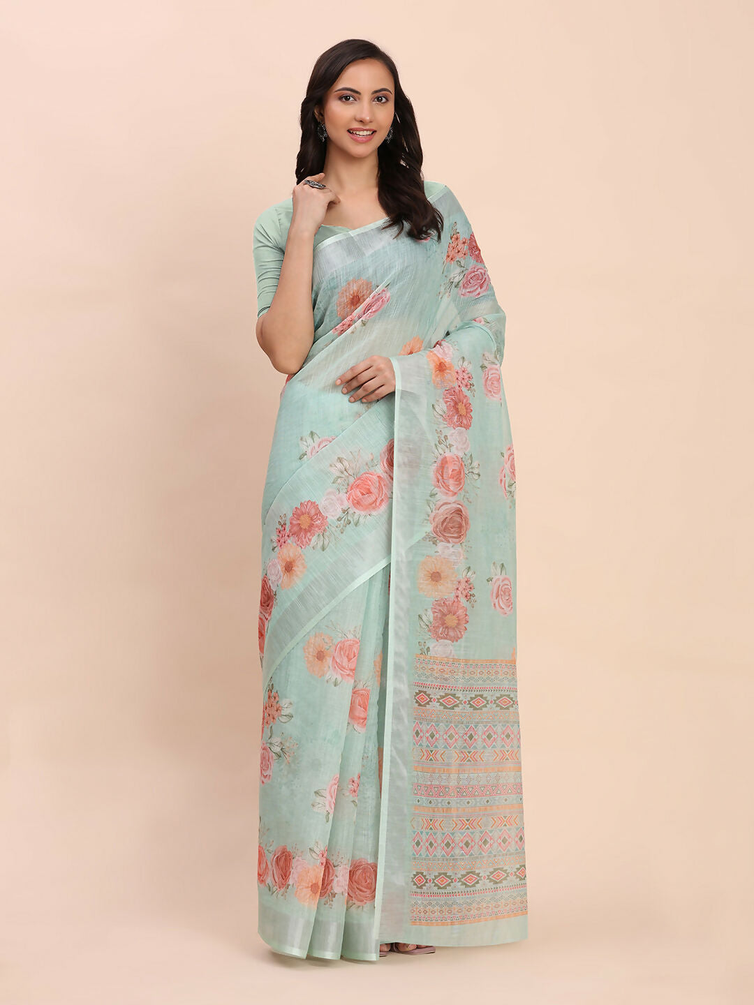 Shree Shyam Fashion Linen Cotton Sea Green Saree