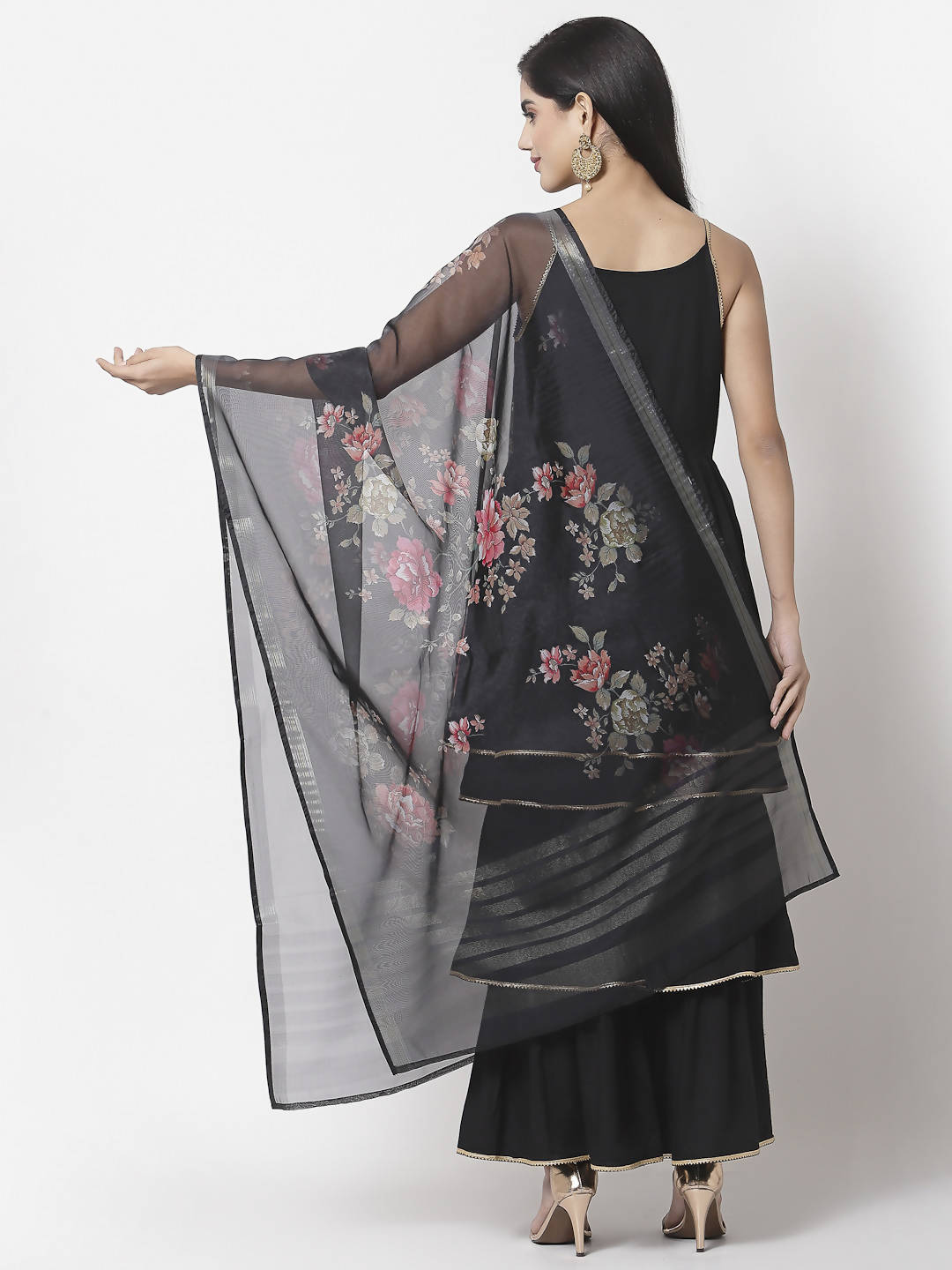 Myshka Women Black Rayon Solid Sleeveless Round Neck Kurta With Sharara & Dupatta Set | Swadesiicart