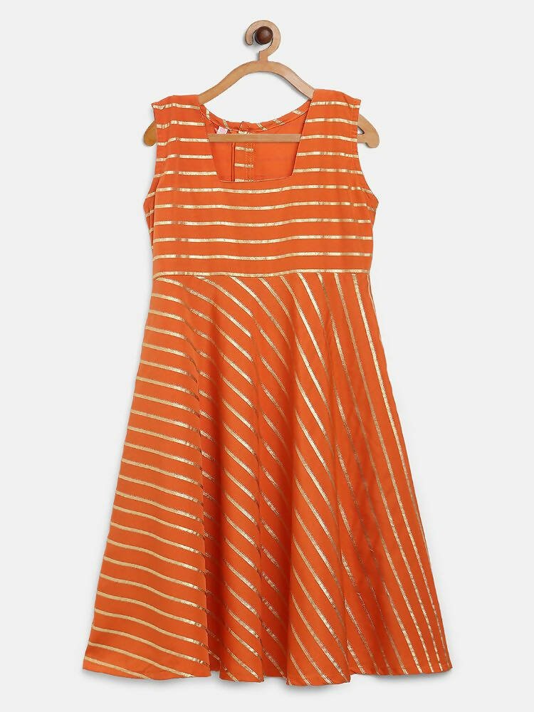 Ahalyaa Orange Crepe Gold Stripped Printed Kids Dress With Jacket For Girls | Swadesiicart