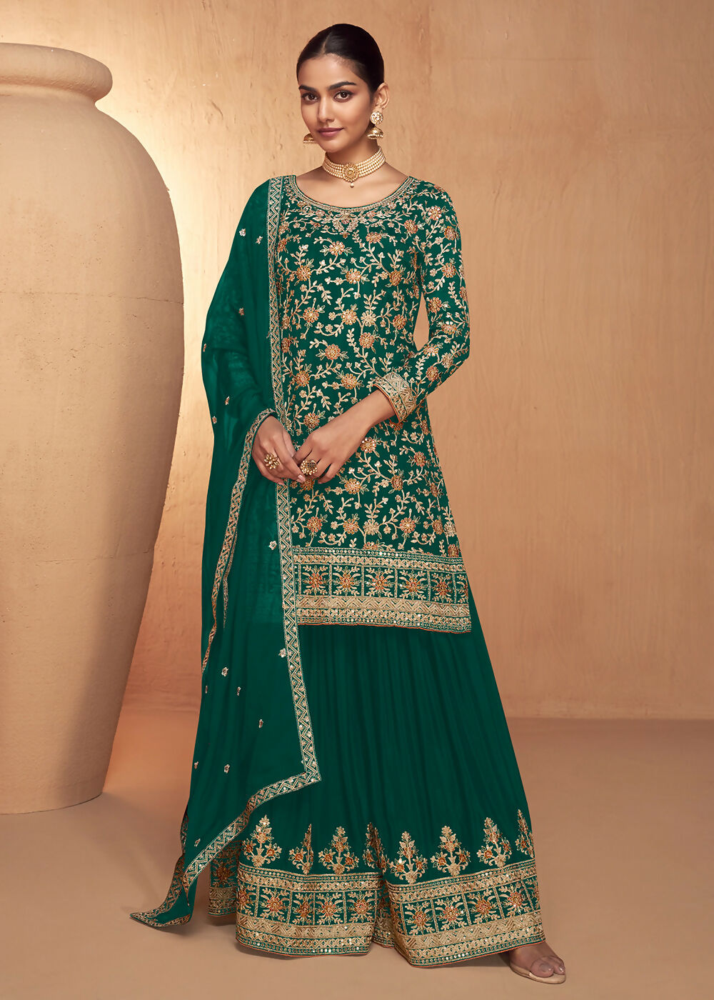 Green Real Chinnon Embroidered Wedding Festive Palazzo Suit - Emponline | Swadesiicart