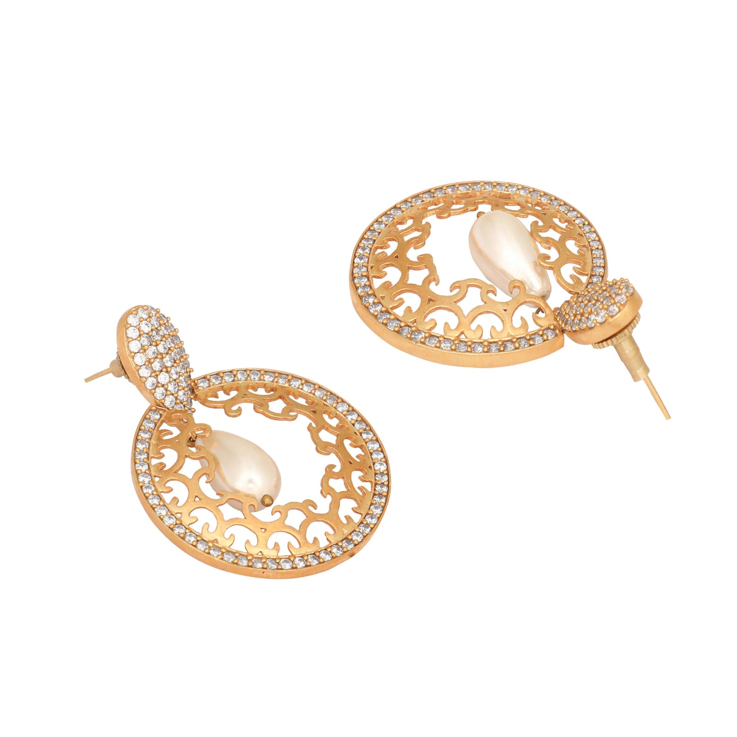 Nuyug 22K Gold Plated Cubic Zirconia Studded Contemporary Moon Shaped Pearl Drop Chandbalis | Swadesiicart