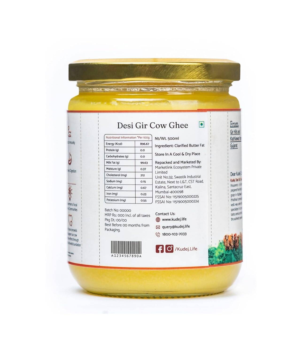 Kudej Desi Gir Cow A2 Ghee | 100% Desi Gir Cow Ghee | Certified Organic Ghee From A2 Milk | Swadesiicart