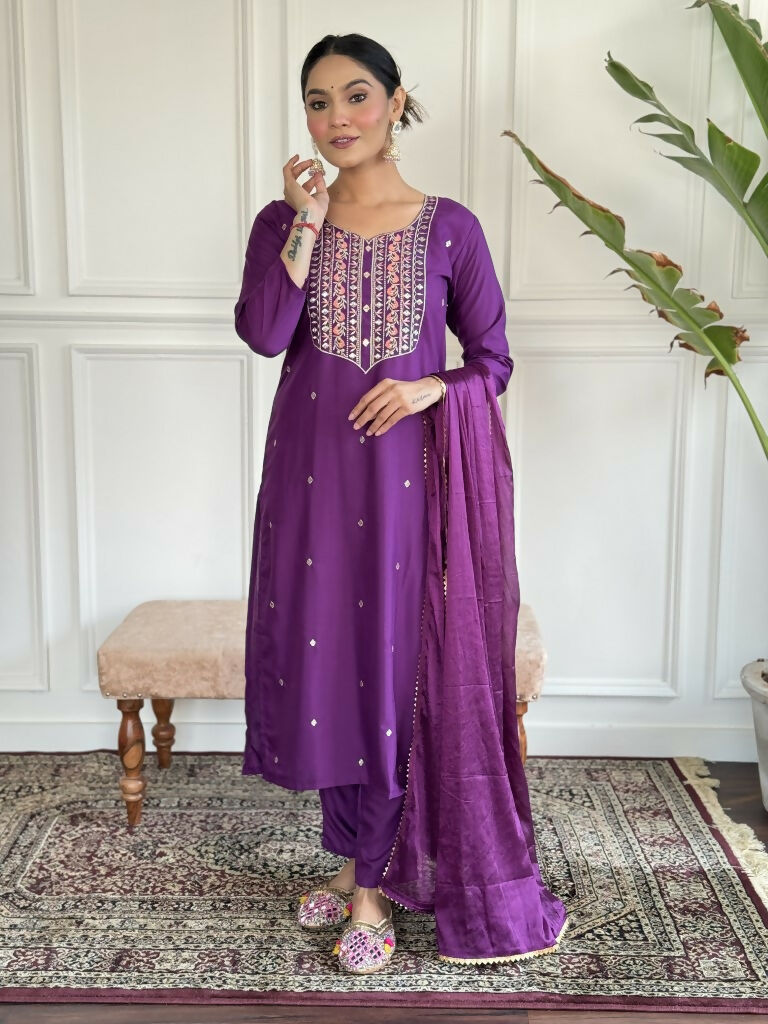Purple Rayon Slub Stitched Suit With Dupatta - Tanisha | Swadesiicart