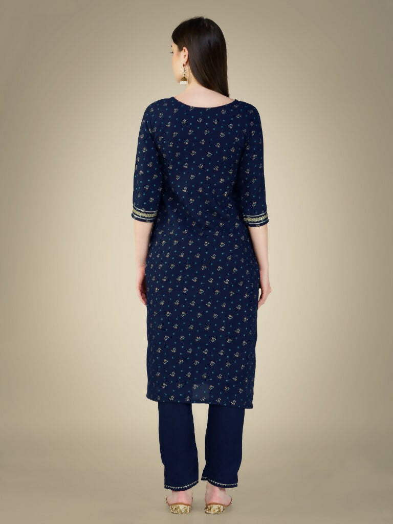 Jyoti Fashion Women's Navy Blue Cotton Magic Slub Embroidery & Sequence work Kurta with Trouser & Dupatta | Swadesiicart