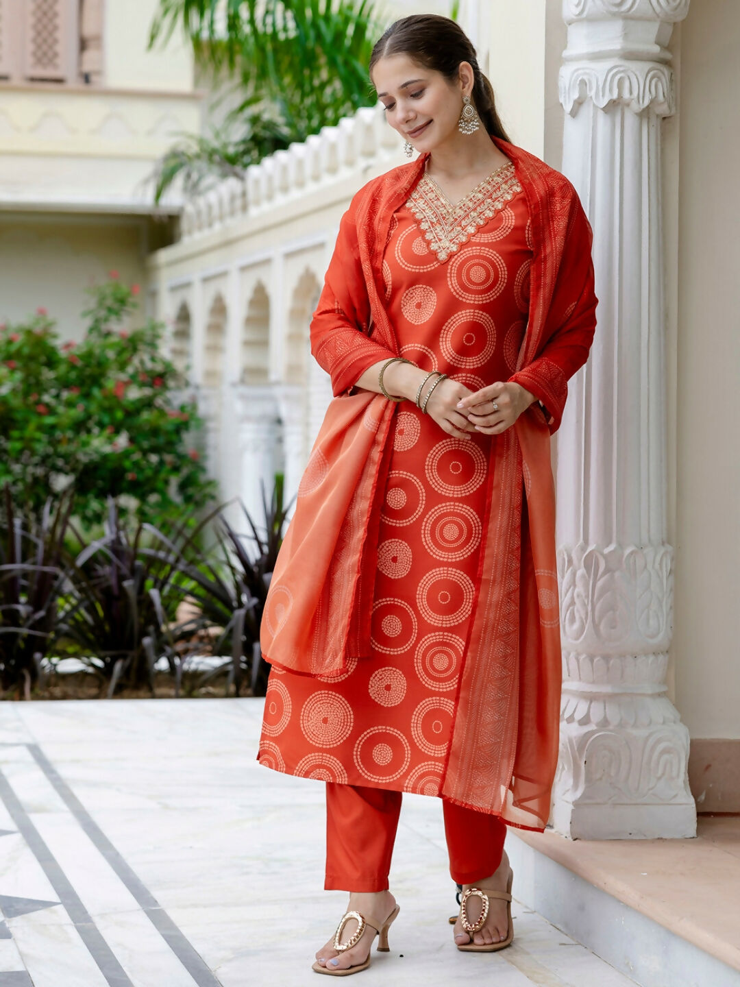 The52 Orange Women's Gorgeous Rayon Embroidered Straight Kurta with Pant And Dupatta Set - Swadesiicart