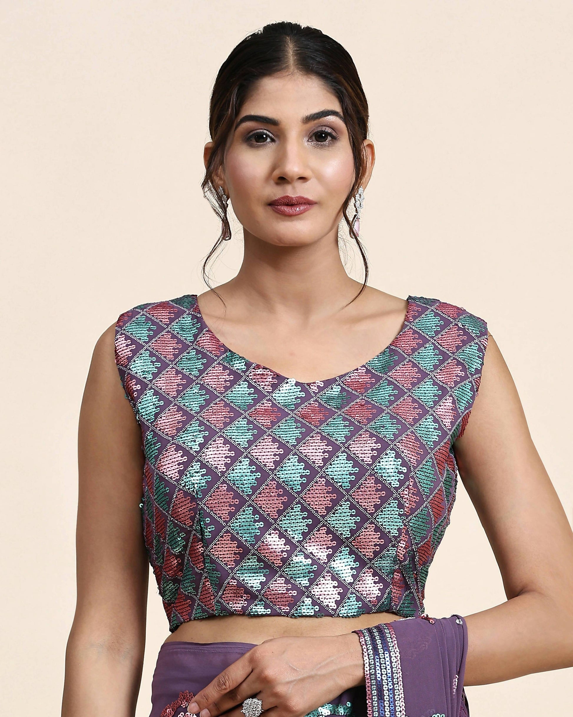 Purple Pure Georgette Sequence work Ready to wear Saree with stitched Blouse - Nirvana | Swadesiicart