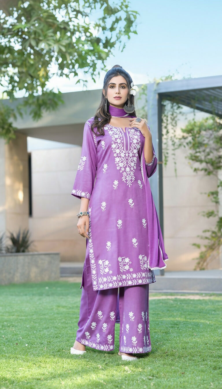 BulBul Meher Purple Rayon Kurta Set with Dupatta - Swadesiicart