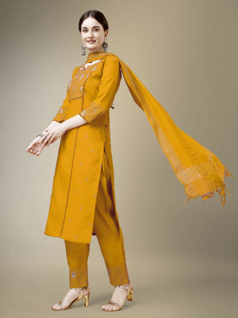 Jyoti Fashion Women's Yellow Cotton Blend Embroidery & Fancy Lace work Kurta with Trouser & Dupatta | Swadesiicart