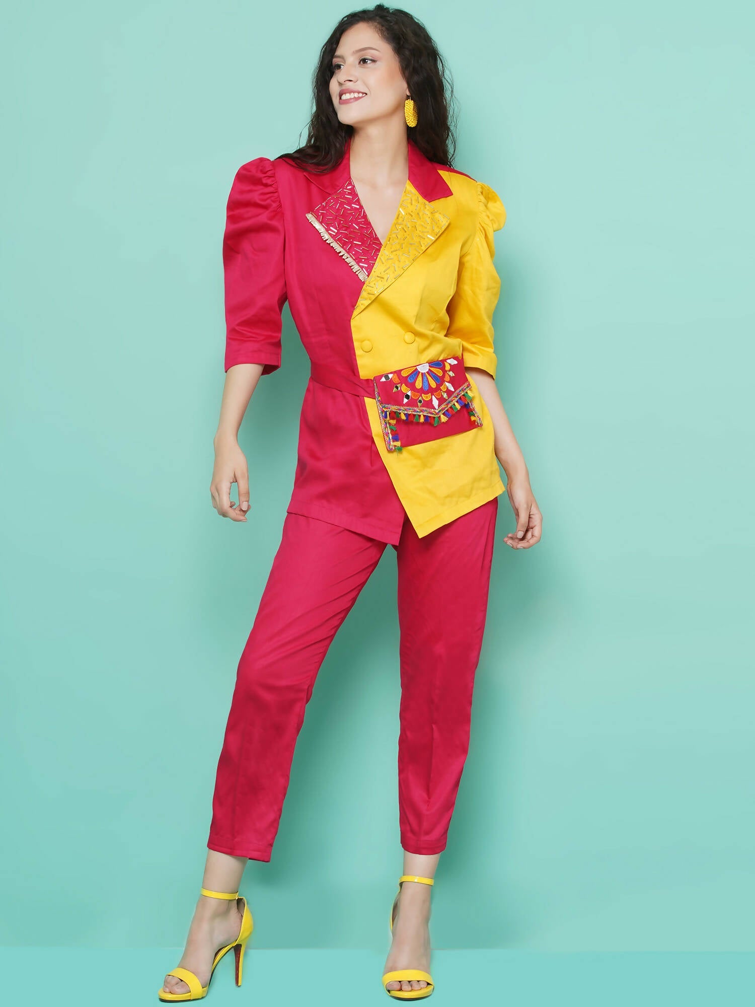 Women Republic Pink And Yellow Cotton Silk hand Embellished Coord set with Pouch | Swadesiicart
