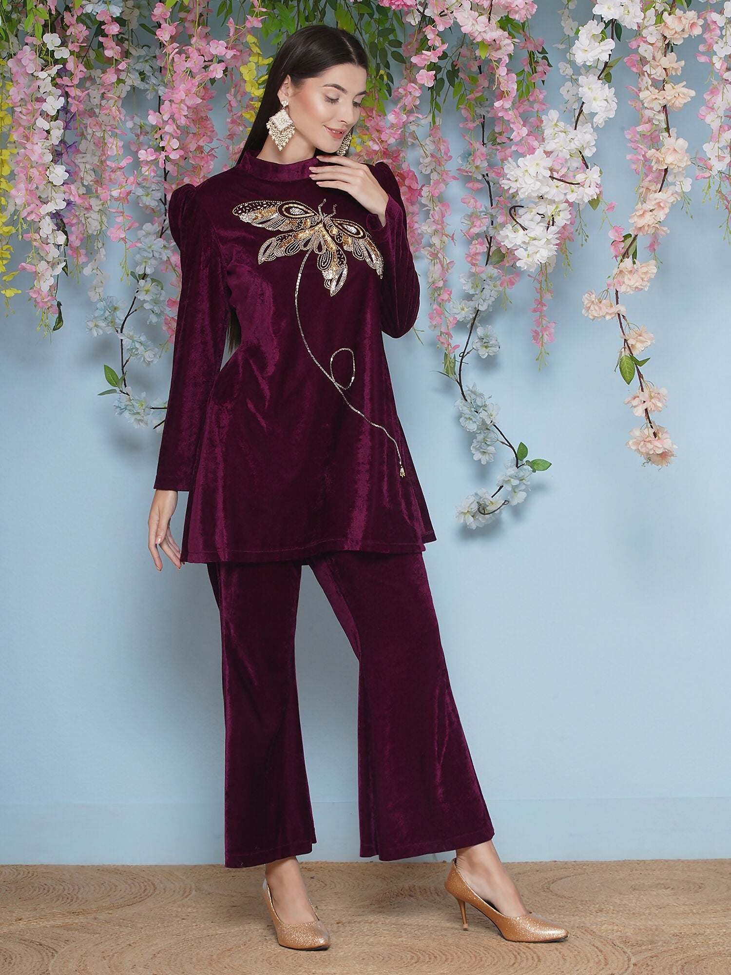 Joban Fashion Wine Velvet Hand Embellished Coord Set - Swadesiicart